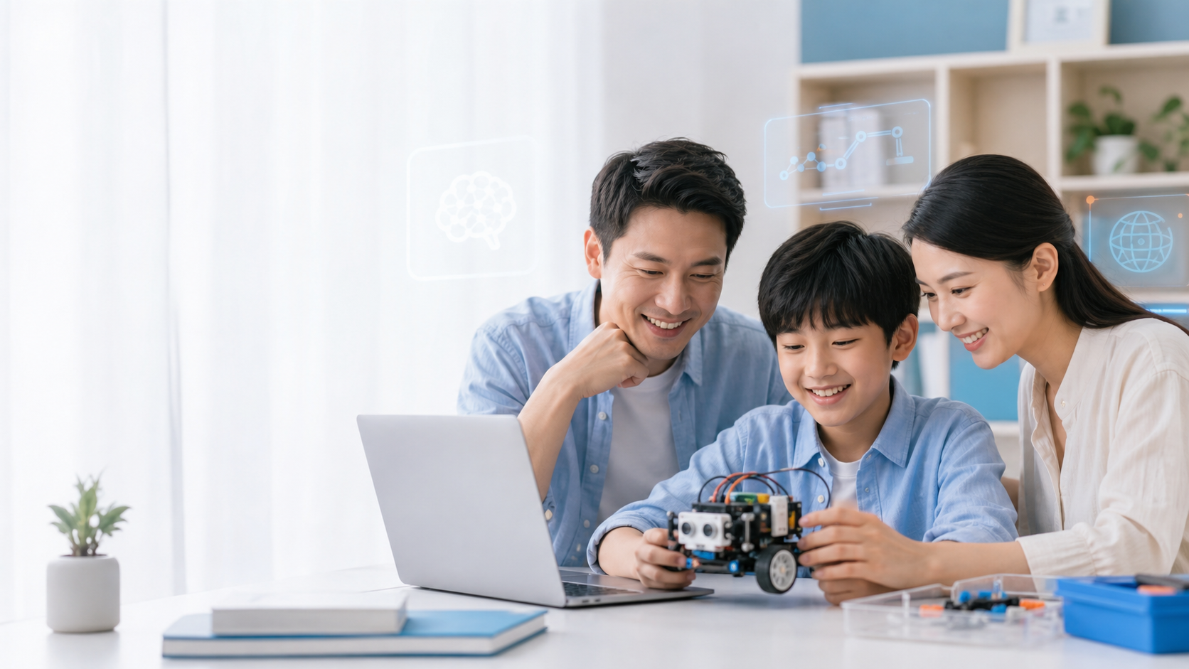 爸爸妈妈和孩子一起学习人工智能